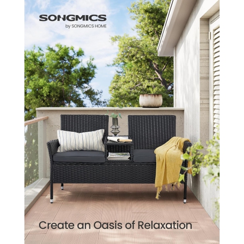 SONGMICS Outdoor PE Rattan Garden Loveseat with Table – Armchair and Sofa Set with Cushions in Black and Dark Gray