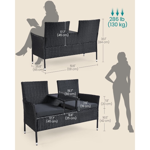 SONGMICS Outdoor PE Rattan Garden Loveseat with Table – Armchair and Sofa Set with Cushions in Black and Dark Gray