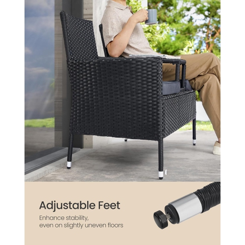 SONGMICS Outdoor PE Rattan Garden Loveseat with Table – Armchair and Sofa Set with Cushions in Black and Dark Gray