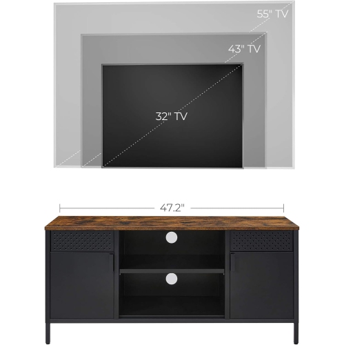 SONGMICS TV Stand for Up to 55 Inches – Rustic Brown and Black TV Cabinet with Doors and Adjustable Shelves