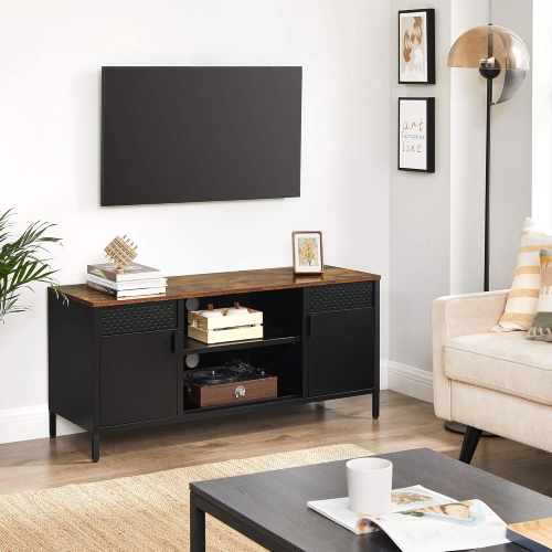 SONGMICS TV Stand for Up to 55 Inches – Rustic Brown and Black TV Cabinet with Doors and Adjustable Shelves
