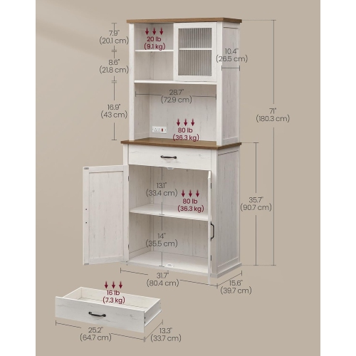 VASAGLE 71" Farmhouse Style Kitchen Pantry Cabinet with Lights and Charging Station – Rustic White with Doors, Drawer, and Adjustable Shelves