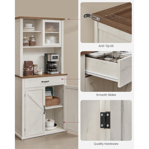 VASAGLE 71" Farmhouse Style Kitchen Pantry Cabinet with Lights and Charging Station – Rustic White with Doors, Drawer, and Adjustable Shelves