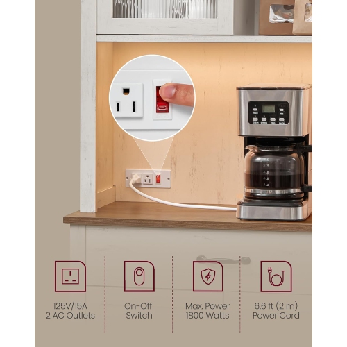 VASAGLE 71" Farmhouse Style Kitchen Pantry Cabinet with Lights and Charging Station – Rustic White with Doors, Drawer, and Adjustable Shelves