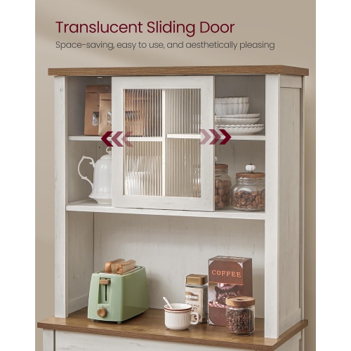 VASAGLE 71" Farmhouse Style Kitchen Pantry Cabinet with Lights and Charging Station – Rustic White with Doors, Drawer, and Adjustable Shelves