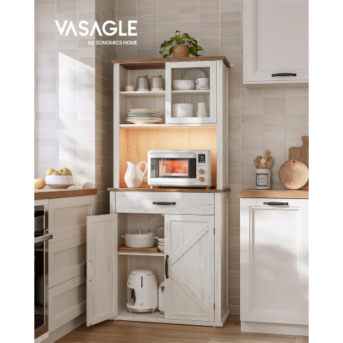 VASAGLE 71" Farmhouse Style Kitchen Pantry Cabinet with Lights and Charging Station – Rustic White with Doors, Drawer, and Adjustable Shelves