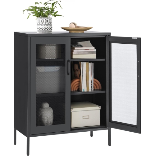 Armoire de rangement en métal à 3 niveaux avec portes en filet de SONGMICS – Bureau multifonction et étagère de rangement en noir