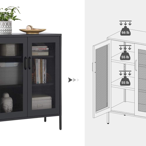 Armoire de rangement en métal à 3 niveaux avec portes en filet de SONGMICS – Bureau multifonction et étagère de rangement en noir