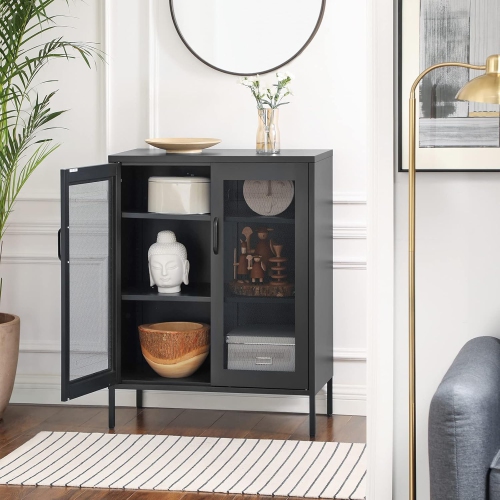 Armoire de rangement en métal à 3 niveaux avec portes en filet de SONGMICS – Bureau multifonction et étagère de rangement en noir