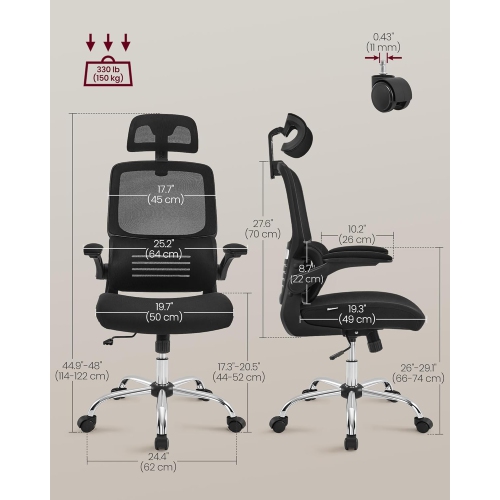 VASAGLE High Back Mesh Office Chair with Lumbar Support, Tilt Function, Foldable Armrests for Home Office in Ink Black