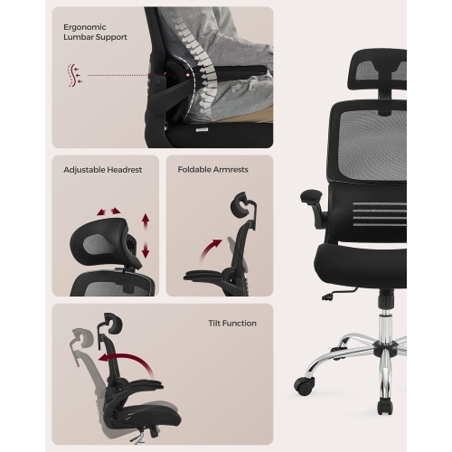 VASAGLE High Back Mesh Office Chair with Lumbar Support, Tilt Function, Foldable Armrests for Home Office in Ink Black