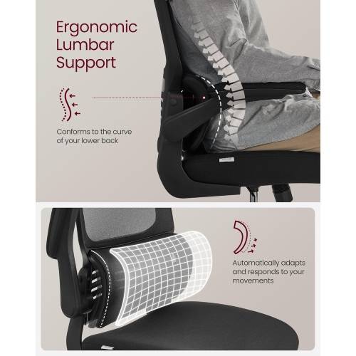 VASAGLE High Back Mesh Office Chair with Lumbar Support, Tilt Function, Foldable Armrests for Home Office in Ink Black