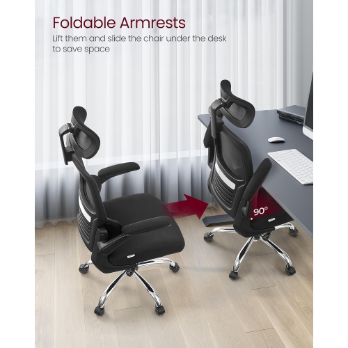 VASAGLE High Back Mesh Office Chair with Lumbar Support, Tilt Function, Foldable Armrests for Home Office in Ink Black