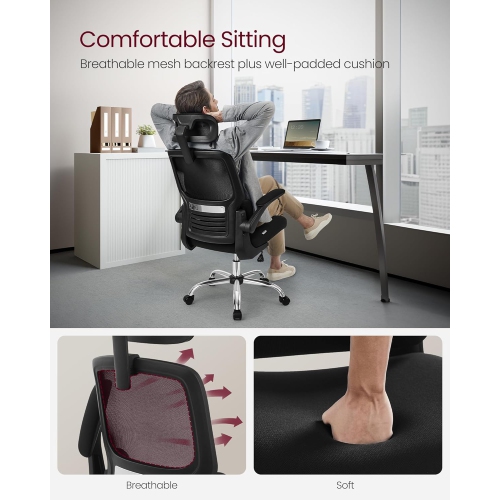 VASAGLE High Back Mesh Office Chair with Lumbar Support, Tilt Function, Foldable Armrests for Home Office in Ink Black