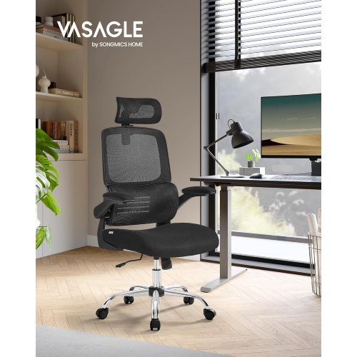 VASAGLE High Back Mesh Office Chair with Lumbar Support, Tilt Function, Foldable Armrests for Home Office in Ink Black