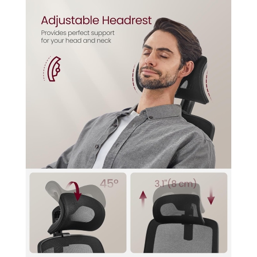 VASAGLE High Back Mesh Office Chair with Lumbar Support, Tilt Function, Foldable Armrests for Home Office in Ink Black