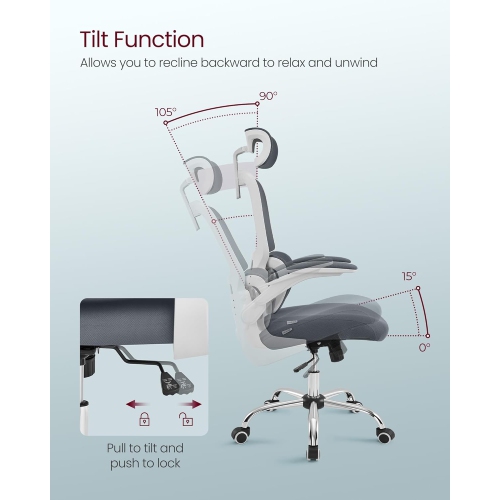 VASAGLE High Back Mesh Office Chair with Lumbar Support Foldable Armrests for Home Office in Dove Gray