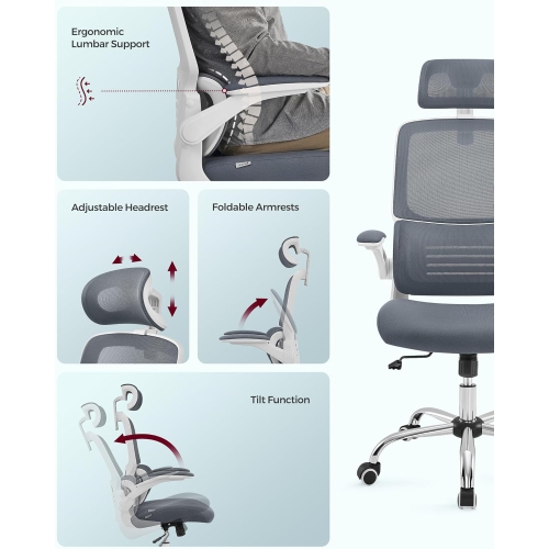 VASAGLE High Back Mesh Office Chair with Lumbar Support Foldable Armrests for Home Office in Dove Gray