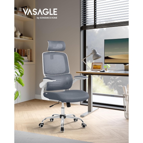 VASAGLE High Back Mesh Office Chair with Lumbar Support Foldable Armrests for Home Office in Dove Gray