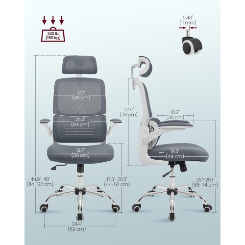 VASAGLE High Back Mesh Office Chair with Lumbar Support Foldable Armrests for Home Office in Dove Gray