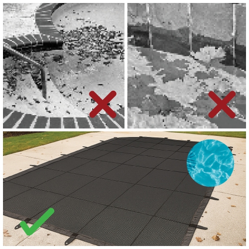 Filet rectangulaire noir jais et blanc de luxe à feuilles fermées pour piscine creusée 16 x 24 pi