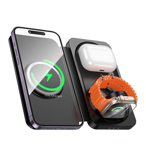 Chargeur magnétique sans fil 3-en-1 Station de recharge pliable pour Apple Watch iWatch AirPods iPhone, noir