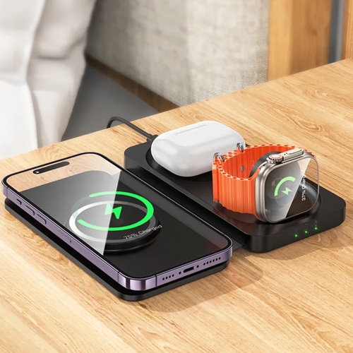 Chargeur magnétique sans fil 3-en-1 Station de recharge pliable pour Apple Watch iWatch AirPods iPhone, noir