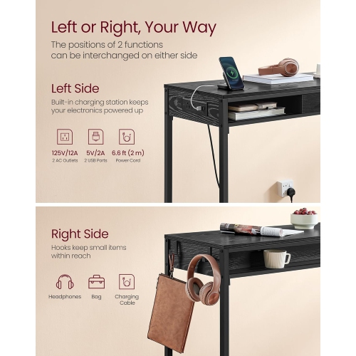 Bureau de rangement VASAGLE, noir ébène avec prises de courant, tiroir mobile en tissu non tissé et crochets