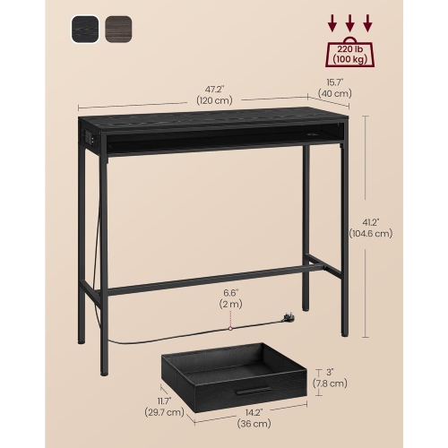 Bureau de rangement VASAGLE, noir ébène avec prises de courant, tiroir mobile en tissu non tissé et crochets