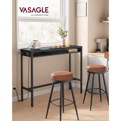 Bureau de rangement VASAGLE, noir ébène avec prises de courant, tiroir mobile en tissu non tissé et crochets