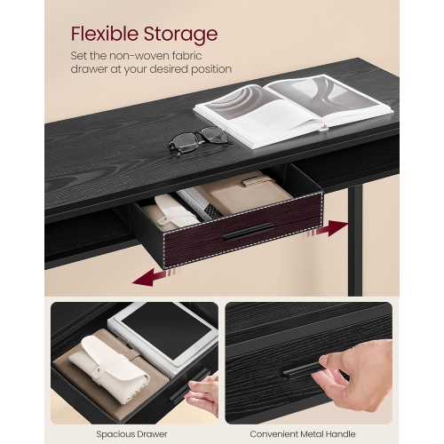 Bureau de rangement VASAGLE, noir ébène avec prises de courant, tiroir mobile en tissu non tissé et crochets