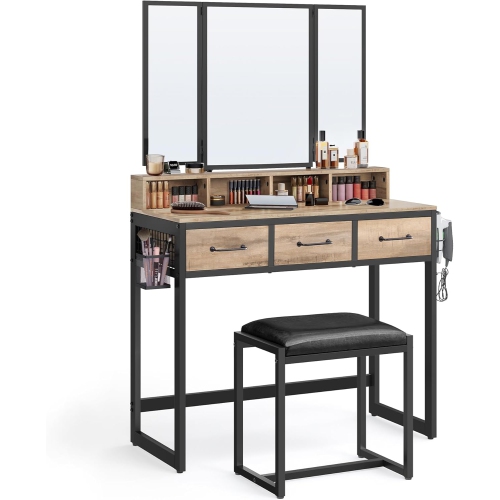 VASAGLE Industrial Style Makeup Vanity with Tri-Fold Mirror, 3 Drawers, and Brush Holder in Camel Brown and Black