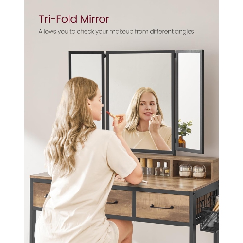 VASAGLE Industrial Style Makeup Vanity with Tri-Fold Mirror, 3 Drawers, and Brush Holder in Camel Brown and Black