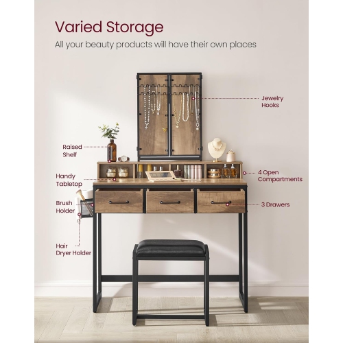 VASAGLE Industrial Style Makeup Vanity with Tri-Fold Mirror, 3 Drawers, and Brush Holder in Camel Brown and Black