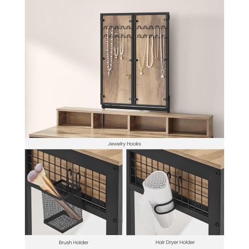 VASAGLE Industrial Style Makeup Vanity with Tri-Fold Mirror, 3 Drawers, and Brush Holder in Camel Brown and Black