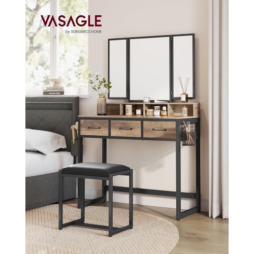 VASAGLE Industrial Style Makeup Vanity with Tri-Fold Mirror, 3 Drawers, and Brush Holder in Camel Brown and Black