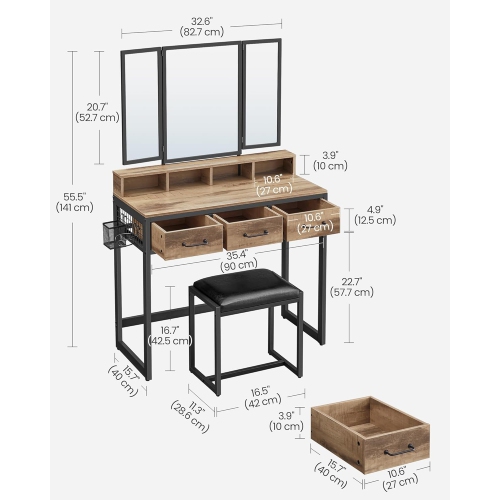 VASAGLE Industrial Style Makeup Vanity with Tri-Fold Mirror, 3 Drawers, and Brush Holder in Camel Brown and Black