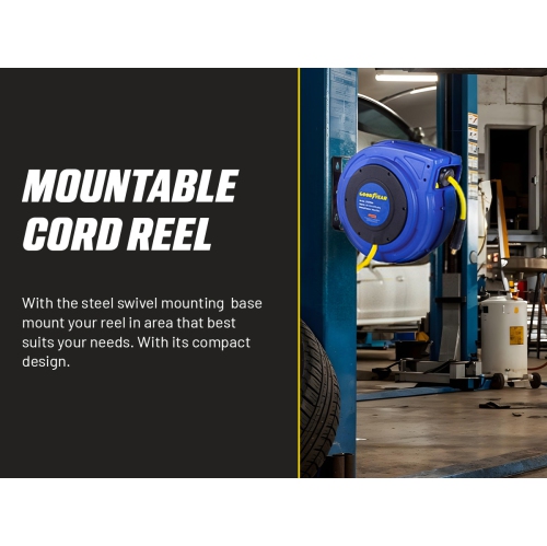 Goodyear Air Hose Reel Retractable 3/8" Inch x 65' Feet Premium Commercial Flex Hybrid Polymer Hose Max 300 Psi Heavy Duty Spring Driven