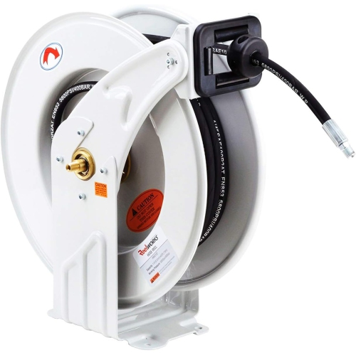 ReelWorks Oil Hose Reel Retractable 1/2" Inch x 50' Foot Long Premium Commercial SAE100R1AT Hose Max 2320 PSI Industrial Dual Arm Steel Construction