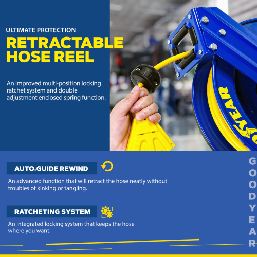 Goodyear Extension Cord Reel Retractable 14AWG x 100' Feet 3C SJTOW Cable Triple Tap Connector Power Rating 125 Volt AC 13 Amp 1625 Watt Industrial