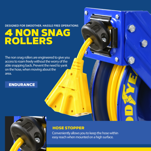 Goodyear Extension Cord Reel Retractable 14AWG x 100' Feet 3C SJTOW Cable Triple Tap Connector Power Rating 125 Volt AC 13 Amp 1625 Watt Industrial