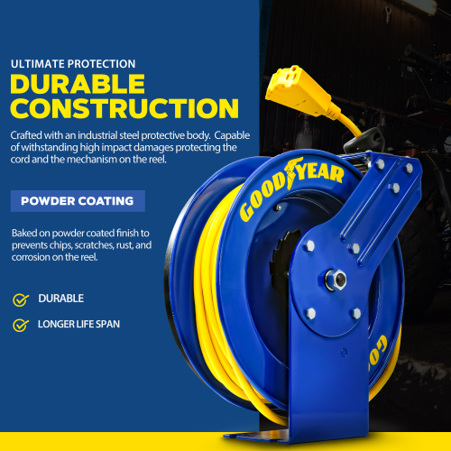 Goodyear Extension Cord Reel Retractable 14AWG x 100' Feet 3C SJTOW Cable Triple Tap Connector Power Rating 125 Volt AC 13 Amp 1625 Watt Industrial