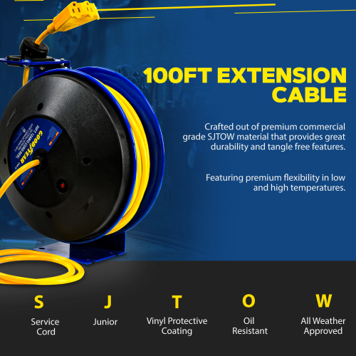 Goodyear Extension Cord Reel Retractable 14AWG x 100' Feet 3C SJTOW Cable Triple Tap Connector Power Rating 125 Volt AC 13 Amp 1625 Watt Industrial