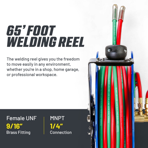 Goodyear Retractable Welding Hose Reel - 1/4" x 65' Twin Oxygen Acetylene Rubber Hoses, Heavy Duty Single Arm, 300 PSI Industrial Standard Dut
