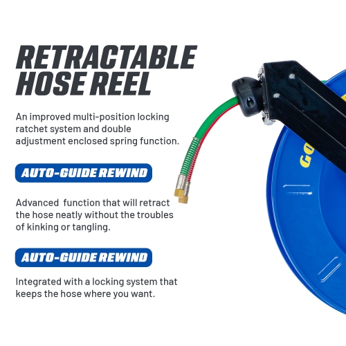 Goodyear Retractable Welding Hose Reel - 1/4" x 65' Twin Oxygen Acetylene Rubber Hoses, Heavy Duty Single Arm, 300 PSI Industrial Standard Dut