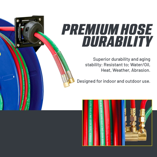 Goodyear Retractable Welding Hose Reel - 1/4" x 65' Twin Oxygen Acetylene Rubber Hoses, Heavy Duty Single Arm, 300 PSI Industrial Standard Dut