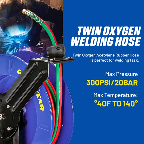 Goodyear Retractable Welding Hose Reel - 1/4" x 65' Twin Oxygen Acetylene Rubber Hoses, Heavy Duty Single Arm, 300 PSI Industrial Standard Dut