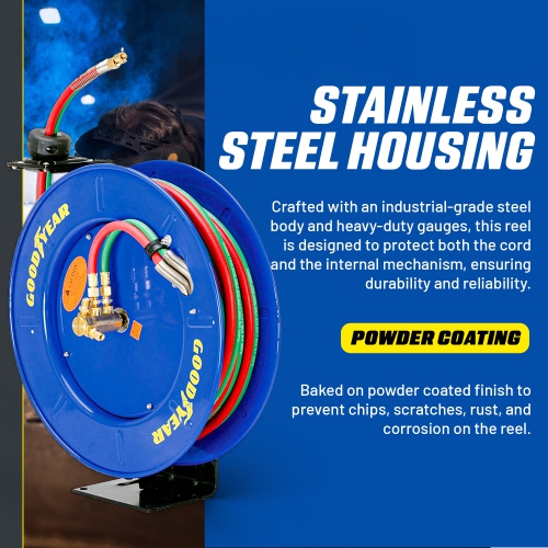 Goodyear Retractable Welding Hose Reel - 1/4" x 65' Twin Oxygen Acetylene Rubber Hoses, Heavy Duty Single Arm, 300 PSI Industrial Standard Dut