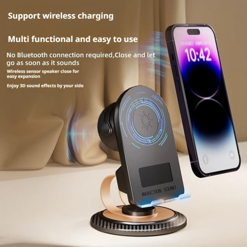 Smartphone Sensor Speaker Stand, Portable Induction Bluetooth Speaker Phone Mount with 360 Rotation, Wireless Charging