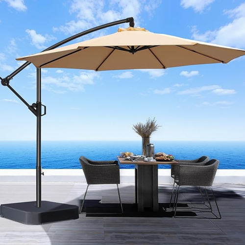 HOMSHADE 10ft Cantilever Offset Patio Umbrella with Base Included UPF50+ UV Protection with Easy Tilt and Crank for Pool Deck and Garden(Beige)